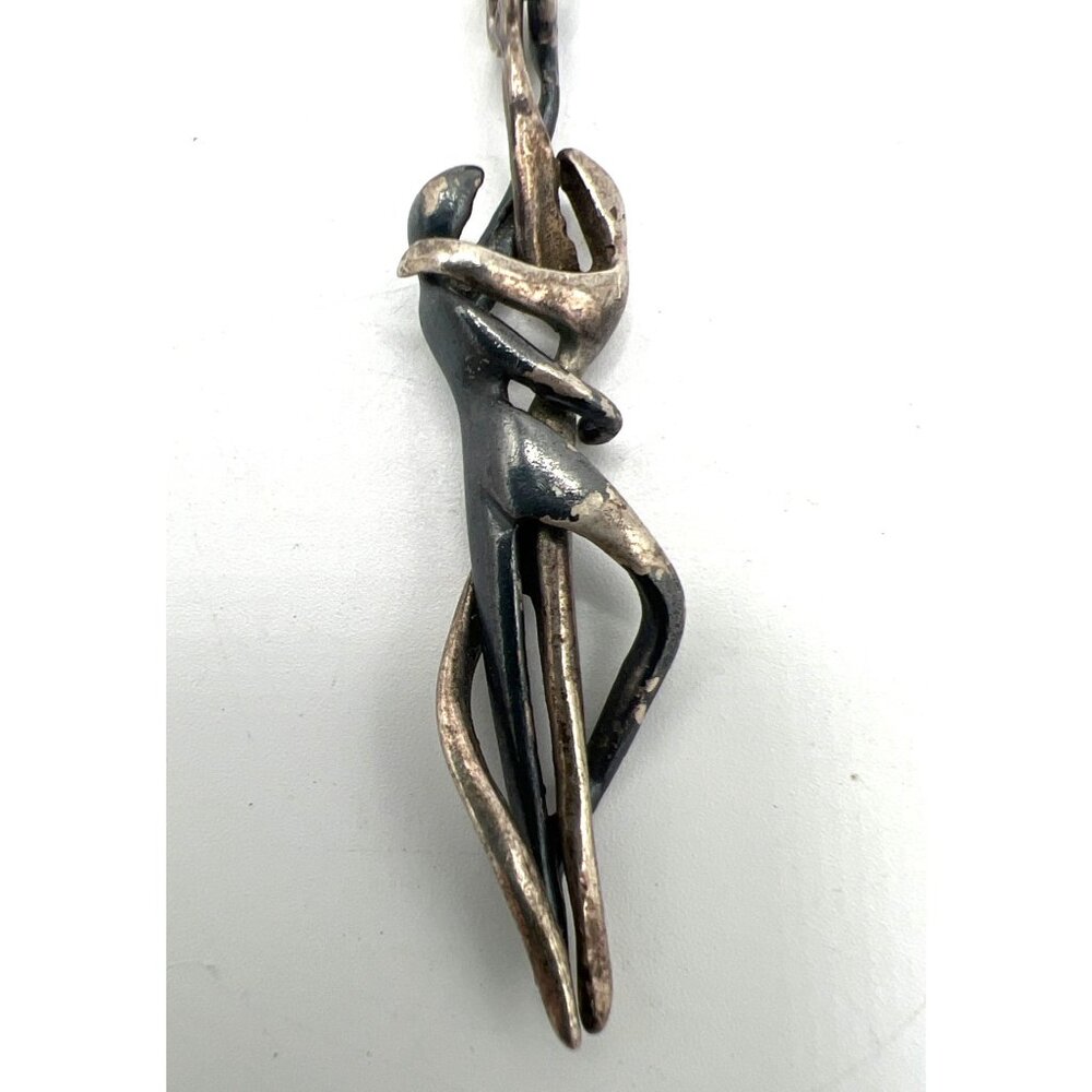 Silver Couple Pendant Necklace 18" Chain Yin Yang Dance Abstract Modernist Vtg - Picture 7 of 10